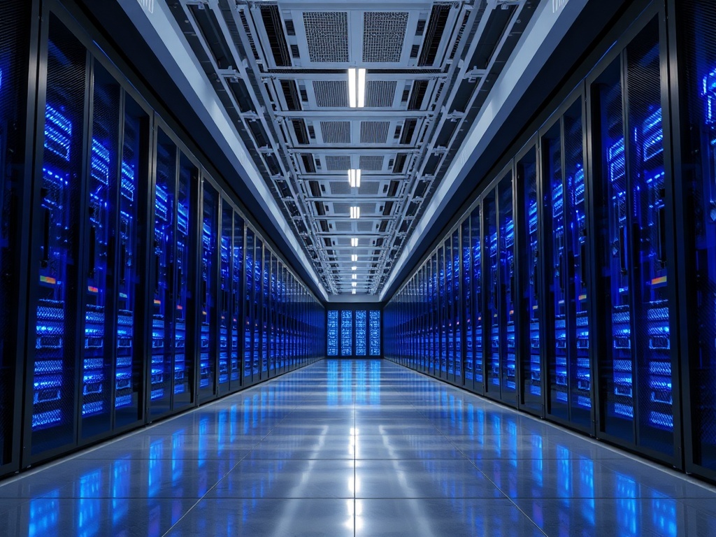 Abstract architectural lines of a modern data center corridor, with rows of servers glowing blue and white. Perspective shot from floor level, leading into depth. Soft reflections on polished concrete. High-end commercial photography, 8k.