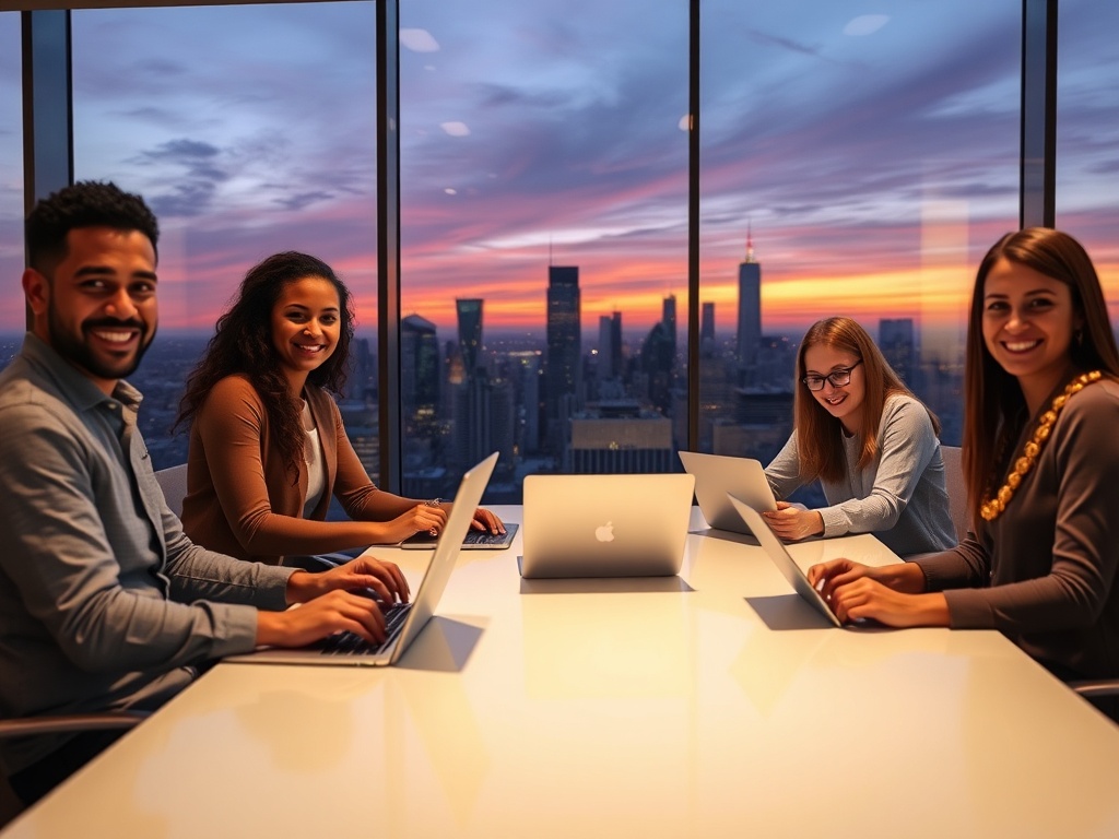 Diverse team of five in a modern glass boardroom overlooking a city skyline at dusk. Natural poses, smiling, with laptops and tablets. Warm ambient lighting, soft shadows. Commercial photography, photorealistic, 8k.