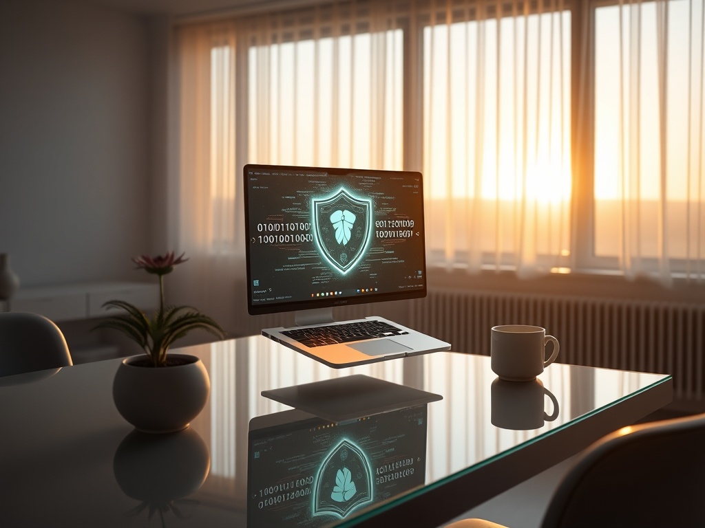 A cinematic wide shot of a minimalist Scandinavian workspace at golden hour. A sleek glass desk with a floating MacBook displays a glowing digital shield and binary code. Natural light streams through floor-to-ceiling windows, casting soft shadows. A single succulent in a ceramic pot and a steaming coffee cup on the desk. Photorealistic, 8k, commercial photography style.