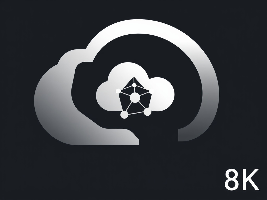 Minimalist geometric logo mark: a stylized cloud with a data node inside, clean lines, silver gradient on a dark background. High-end product photography, 8k.